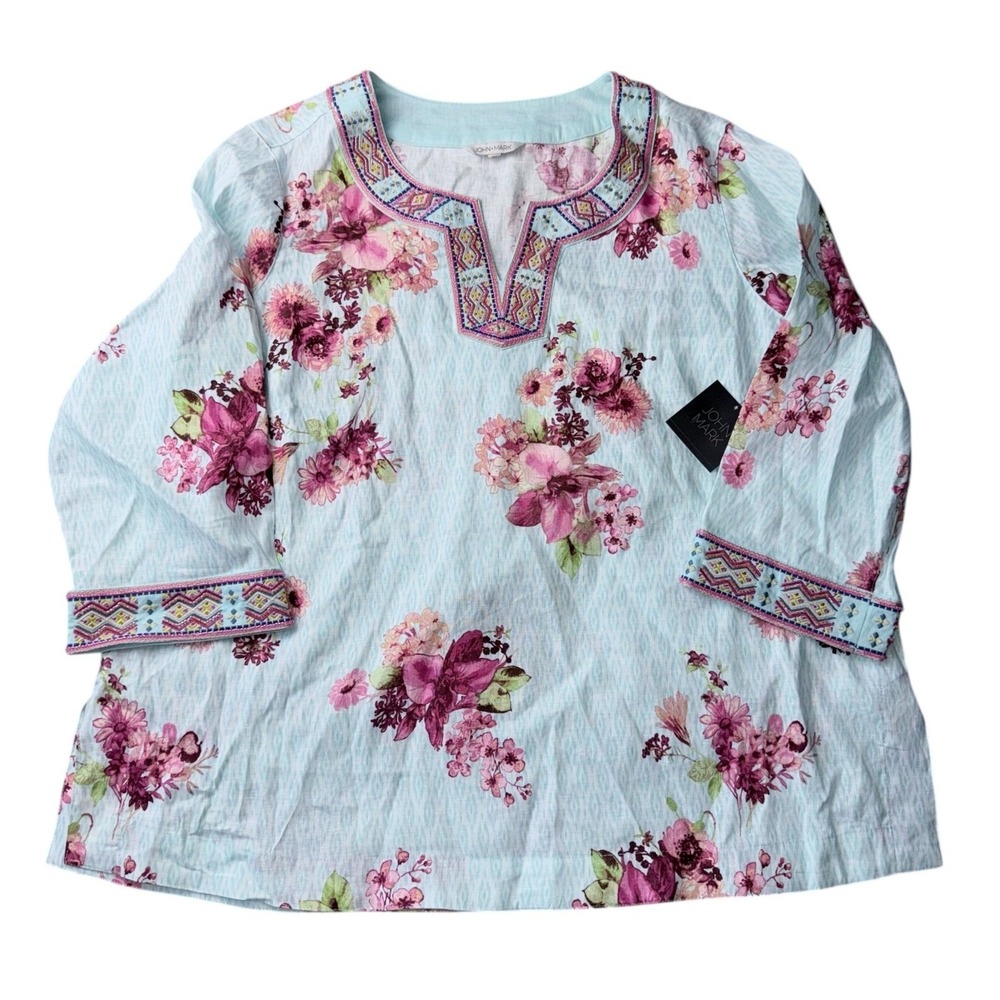 John Mark‎ Womens Size 3X Blue Floral Beaded  V-Neck Linen Blend Tunic NWT